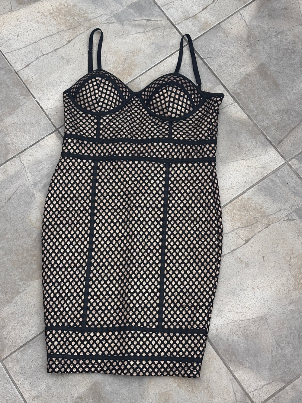 Haute Monde Black Mesh Overlay Mini Dress with Nude Lining